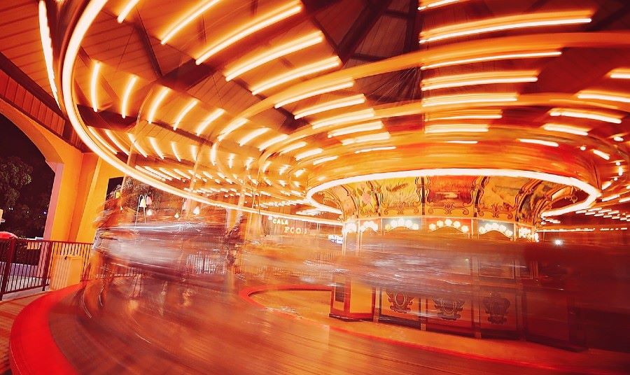 Amusement park ride in motion
